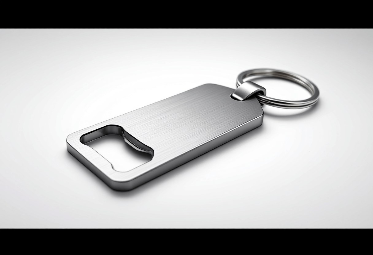 porte-clé décapsuleur en aluminium brossé gravé avec anneau métallique sur fond clair